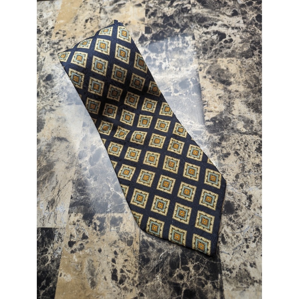 Sakowitz Tie Men's Size 59' Argyle Print Navy Gold 100% Silk Made In Gt. Britain